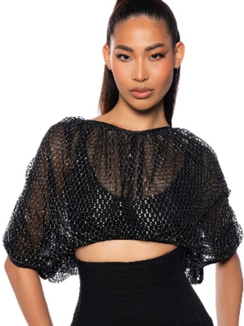 AKIRA Bella Black Mesh Cropped Top with silver metallic, XL, EUC